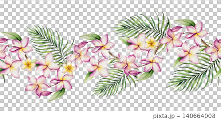 Seamless border blooming frangipani flowers. Watercolor hand drawn palm banner, vibrant green tones. Isolated botanical illustration on transparent background. Perfect for tropical design projects 140664008