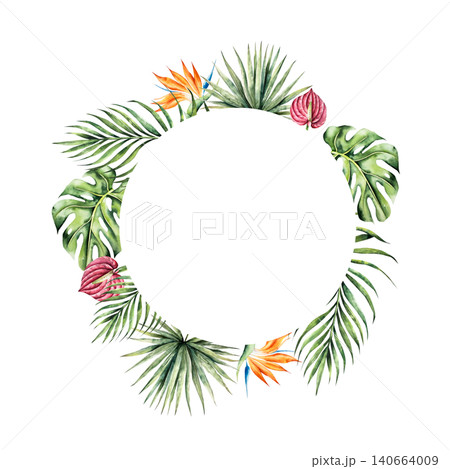 Monstera leaf frame, Strelitzia and red anthurium flowers template. Watercolor hand drawn palm logo, vibrant green tones. Isolated botanical illustration on transparent background. Perfect for Monstera leaf frame, Strelitzia and red anthurium flowers template. Watercolor hand drawn palm logo, vibrant green tones. Isolated botanical illustration on transparent background. Perfect for 140664009