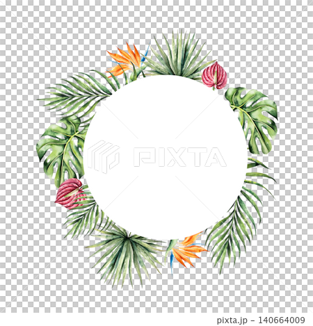 Monstera leaf frame, Strelitzia and red anthurium flowers template. Watercolor hand drawn palm logo, vibrant green tones. Isolated botanical illustration on transparent background. Perfect for Monstera leaf frame, Strelitzia and red anthurium flowers template. Watercolor hand drawn palm logo, vibrant green tones. Isolated botanical illustration on transparent background. Perfect for 140664009