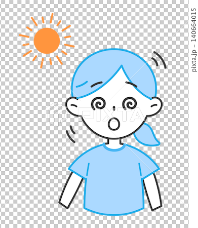 熱中症でめまいがする女性のイラスト　ふらつき　ふらふら 140664015