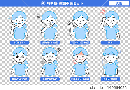 Illustration set of heatstroke/illness (female) Illustration set of heatstroke/illness (female) 140664023