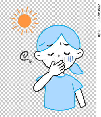 An illustration of a woman who looks like she's about to vomit due to heatstroke; nausea, feeling unwell, discomfort. An illustration of a woman who looks like she's about to vomit due to heatstroke; nausea, feeling unwell, discomfort. 140664032