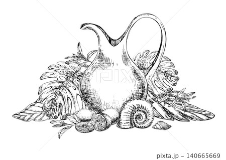 Ceramic pitcher with monstera leaves and lemons line art sketch. Hand drawn black ink tropical layout with seashell isolated on white for exotic restaurant branding and citrus beverage menu 140665669