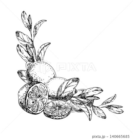 Lemon corner vignette with whole fruits and cut slices sketch. Hand drawn black ink citrus branches composition isolated on white for mediterranean restaurant menu header and recipe card 140665685