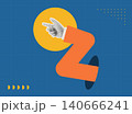 Trendy Halftone Collage of a pointing hand on a bold orange zigzag arm against blue background, representing direction and goal setting. Perfect for business, strategy, leadership, and motivation cont 140666241