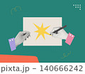 Trendy Halftone Collage of two hands collaboratively drawing a yellow star burst on a canvas, representing innovation spark and creative collaboration. Perfect for design, startup, and brainstorm cont 140666242