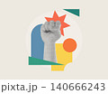 Trendy Halftone Collage of a raised fist with an orange star burst surrounded by colorful geometric shapes, representing overcoming challenges and strength. Perfect for motivation and business content 140666243
