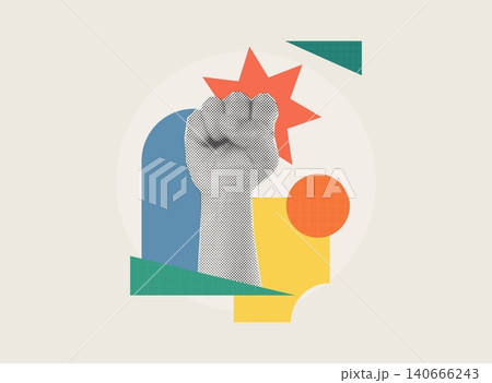 Trendy Halftone Collage of a raised fist with an orange star burst surrounded by colorful geometric shapes, representing overcoming challenges and strength. Perfect for motivation and business content Trendy Halftone Collage of a raised fist with an orange star burst surrounded by colorful geometric shapes, representing overcoming challenges and strength. Perfect for motivation and business content 140666243