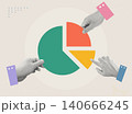 Trendy Halftone Collage of three hands pointing at sections of a colorful pie chart, representing revenue share and profit distribution. Perfect for finance, business, analytics, and investment conten 140666245