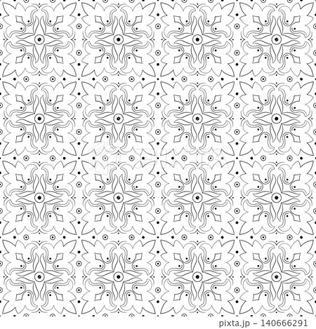 Traditional ethnic floral seamless pattern of curved leaves. Monochrome ornament on transparent background. Plant ornamental coloring page 140666291