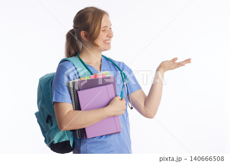 Nursing Student Presenting with Open Palm Gesture 140666508