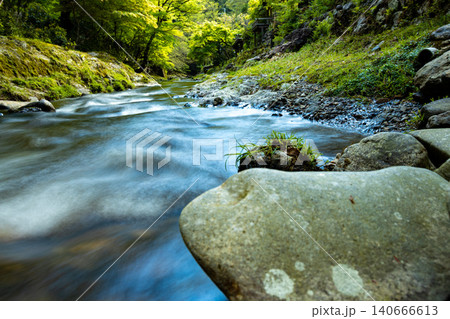 新緑の渓流と岩場の清流 Landscape of Mountain Stream 140666613