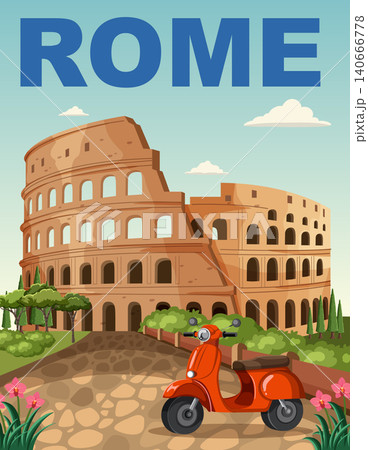 Vintage Style Travel Poster of the Roman Colosseum with Red Scooter 140666778