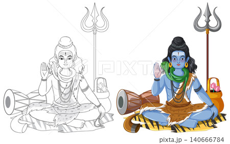 Hindu God Shiva Meditating with Trident and Snake in Cartoon Vector Style Hindu God Shiva Meditating with Trident and Snake in Cartoon Vector Style 140666784