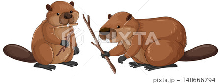 Cartoon Beavers Holding Wooden Sticks for Dam Building Illustration Cartoon Beavers Holding Wooden Sticks for Dam Building Illustration 140666794
