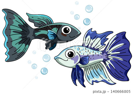 Two Cute Cartoon Guppy Fish Swimming with Bubbles on White Background 140666805