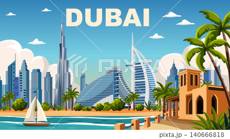 Modern Dubai Cityscape Illustration with Burj Khalifa and Traditional Arabic Architecture Modern Dubai Cityscape Illustration with Burj Khalifa and Traditional Arabic Architecture 140666818