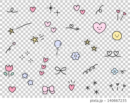 A set of hand-drawn decorative vector illustrations. Includes hand-drawn styles, speed lines, ribbons, doodles, hearts, and stars. 140667235