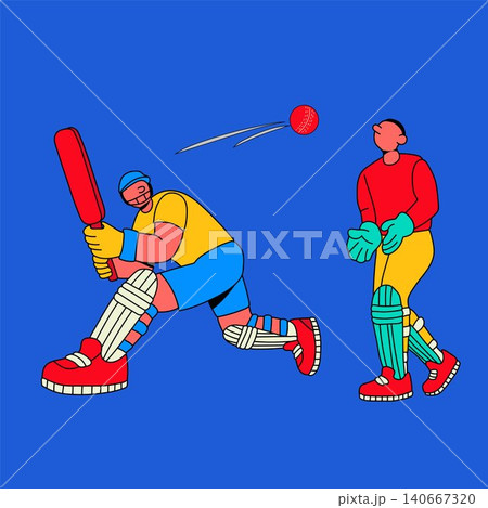 Cricket Player Defending Ball with Wicketkeeper Cricket Player Defending Ball with Wicketkeeper 140667320