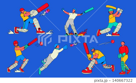 Cartoon Cricket Match Characters with Bats and Balls 140667322