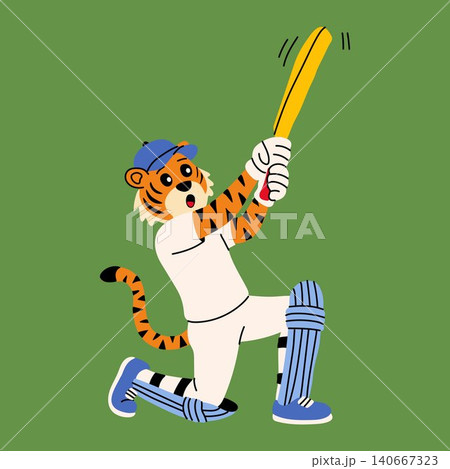 Animal Cricketer Swinging Bat on Green Background Animal Cricketer Swinging Bat on Green Background 140667323