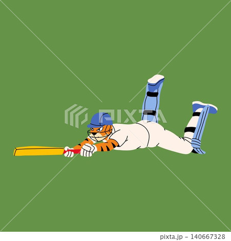 Tiger Cricket Mascot in Dynamic Batting Pose Tiger Cricket Mascot in Dynamic Batting Pose 140667328