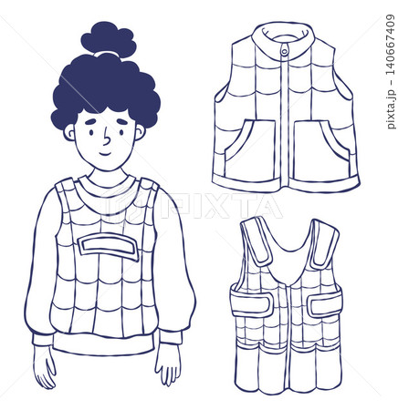 Kids Weighted Vest and Character Line Art Set. Technical Autism Padded Waistcoats Collection and Calm Girl Wearing Compression Sensory Clothing. Isolated Outline Hand Drawn. Vector Illustration. Kids Weighted Vest and Character Line Art Set. Technical Autism Padded Waistcoats Collection and Calm Girl Wearing Compression Sensory Clothing. Isolated Outline Hand Drawn. Vector Illustration. 140667409