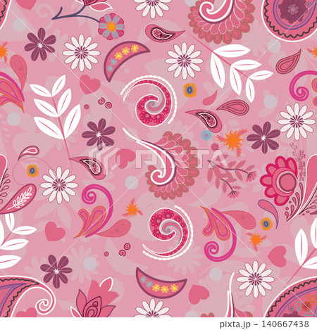 Pink seamless floral paisley pattern ,Traditional seamless paisley pattern. Indian floral ornament.Vector seamless paisley floral pattern ,Vintage floral background. 140667438