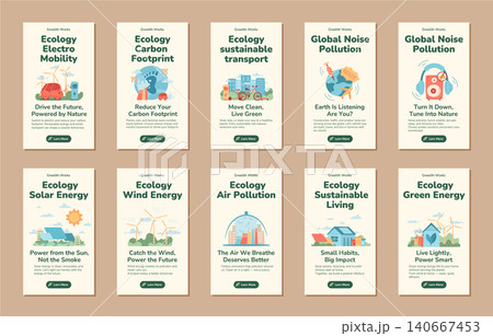 Eco social media banner set in flat style shows ecology, renewable energy and transport as soft green scenes. Vertical template series for sustainable lifestyle, clean air and carbon footprint Eco social media banner set in flat style shows ecology, renewable energy and transport as soft green scenes. Vertical template series for sustainable lifestyle, clean air and carbon footprint 140667453