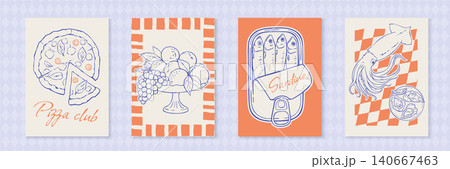 French picnic food sketch collection with pizza, fruit and seafood on white and orange banner template. Hand drawn sketch icon style illustration for picnic french restaurant print or menu design. French picnic food sketch collection with pizza, fruit and seafood on white and orange banner template. Hand drawn sketch icon style illustration for picnic french restaurant print or menu design. 140667463