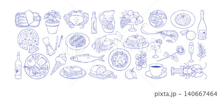 Italian dinner food doodle set with pizza, pasta, seafood and dessert on white background. Hand drawn sketch illustration with wine and restaurant menu icon elements for vector design, cafe graphic Italian dinner food doodle set with pizza, pasta, seafood and dessert on white background. Hand drawn sketch illustration with wine and restaurant menu icon elements for vector design, cafe graphic 140667464