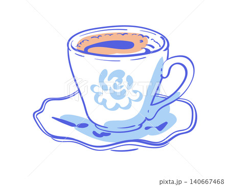 Vintage espresso cup ink line art. Cute coffee mug as italian brunch symbol. Whimsical cafe cup icon on white background with blue color accent and warm drink surface. Minimalist doodle suits Vintage espresso cup ink line art. Cute coffee mug as italian brunch symbol. Whimsical cafe cup icon on white background with blue color accent and warm drink surface. Minimalist doodle suits 140667468