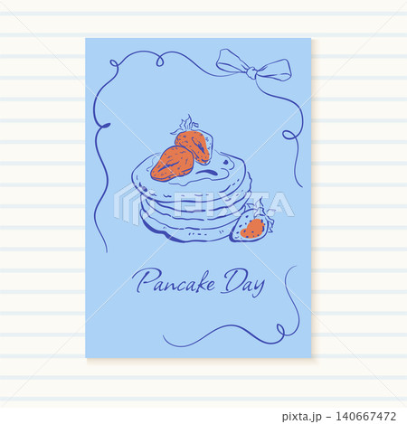Cute coquette pancake breakfast card in blue set. Hand drawn pancakes as gourmet brunch plate with strawberry fruit. Doodle line art set works as banner, menu print or icon for mediterranean cafe Cute coquette pancake breakfast card in blue set. Hand drawn pancakes as gourmet brunch plate with strawberry fruit. Doodle line art set works as banner, menu print or icon for mediterranean cafe 140667472