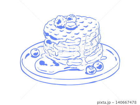 Coquette pancake icon in soft blue style. Cute breakfast dessert as fluffy pancakes on a board plate with fruit and butter. Hand drawn pancake doodle sketch suits mediterranean brunch menu, cafe card Coquette pancake icon in soft blue style. Cute breakfast dessert as fluffy pancakes on a board plate with fruit and butter. Hand drawn pancake doodle sketch suits mediterranean brunch menu, cafe card 140667478