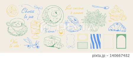 Coquette french breakfast ink line doodle set. Cute dessert and coffee with tea, pancakes and croissant as playful brunch food icons. Yellow blue card template collection for cafe menu, restaurant Coquette french breakfast ink line doodle set. Cute dessert and coffee with tea, pancakes and croissant as playful brunch food icons. Yellow blue card template collection for cafe menu, restaurant 140667482