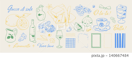 Coquette french brunch doodle with yellow and blue cup, lemon and cake dessert set. Hand drawn cafe breakfast set as cute food icon collection background template. Vintage brunch frame for menu or Coquette french brunch doodle with yellow and blue cup, lemon and cake dessert set. Hand drawn cafe breakfast set as cute food icon collection background template. Vintage brunch frame for menu or 140667484