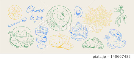 Coquette french breakfast ink line art. Whimsical blue and yellow doodle set shows egg and cheese with croissant pancakes. Cute coffee icon dessert plate appear as cozy cafe menu element morning Coquette french breakfast ink line art. Whimsical blue and yellow doodle set shows egg and cheese with croissant pancakes. Cute coffee icon dessert plate appear as cozy cafe menu element morning 140667485