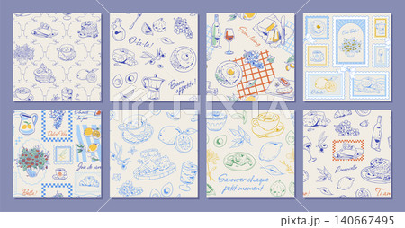 Whimsical french breakfast seamless pattern in soft blue and yellow set. Hand drawn cafe food as croissant and dessert set with coffee wine on cozy background. Doodle bakery tile texture for cafe 140667495