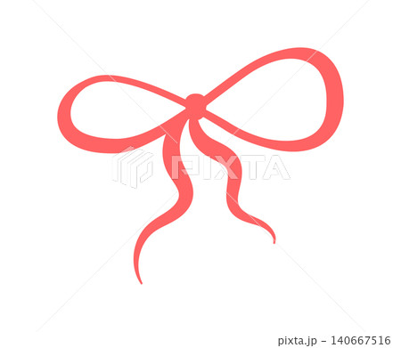 Whimsical hand drawn decorative bow art. Cute girly red ribbon knot as romantic element and wavy bow tie doodle. Simple outline decor for valentine card or wedding invitation with minimal aesthetic 140667516