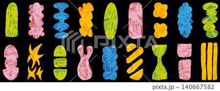 Playful kid shapes with crayon texture for colorful label and badge. Hand drawn figure and element doodles in geometric form. Vector playful set of organic shapes for kids collage and back to school 140667582