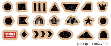 Hand drawn cutout shape with geometric paper figure and frame. Collage rectangle, oval and arrow scrapbook elements with kraft sticker border. Vector circle set for label tag and craft journal making Hand drawn cutout shape with geometric paper figure and frame. Collage rectangle, oval and arrow scrapbook elements with kraft sticker border. Vector circle set for label tag and craft journal making 140667596