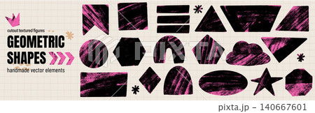 Bold geometric figure sticker shapes with paper cutout square and rough edge. Pink and black collage elements with hand drawn texture on grid bg. Vector scrapbook arch set for girly school project Bold geometric figure sticker shapes with paper cutout square and rough edge. Pink and black collage elements with hand drawn texture on grid bg. Vector scrapbook arch set for girly school project 140667601