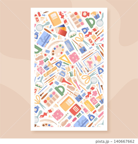Flat painter tools with soft colorful background. Art palette as playful painting kit and stationery mix. Painter brush, pencil, marker and scissors suggest school craft, diy hobby, education or Flat painter tools with soft colorful background. Art palette as playful painting kit and stationery mix. Painter brush, pencil, marker and scissors suggest school craft, diy hobby, education or 140667662