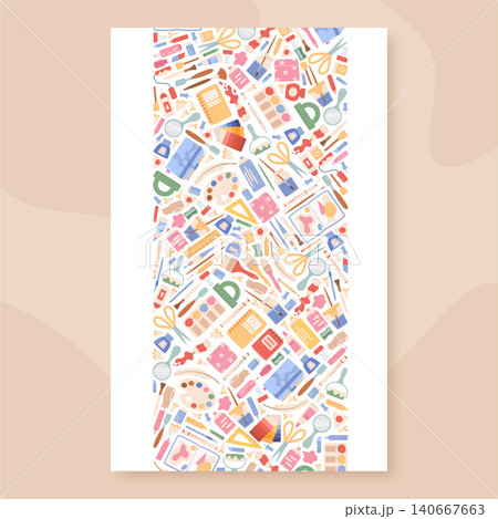 Cartoon artist supplies palette pattern template. Cute art stationery act as creative painting kit and workshop study stuff. Color pencil, brush and scissors with watercolor palette form pastel 140667663