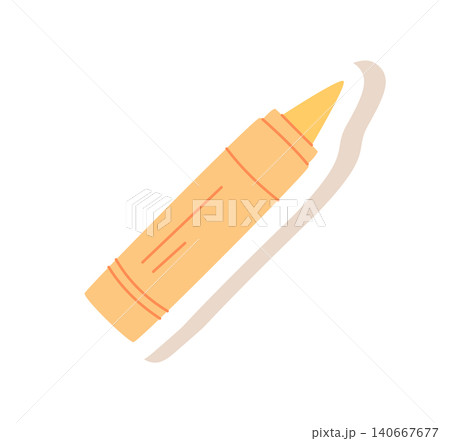 Flat yellow crayon sticker on white. Cute childish art supply as simple stationery tool for children and school class. Minimal cartoon crayon icon with soft color accent for creative craft and study Flat yellow crayon sticker on white. Cute childish art supply as simple stationery tool for children and school class. Minimal cartoon crayon icon with soft color accent for creative craft and study 140667677