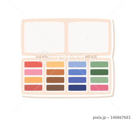 Flat watercolor paint palette sticker art. Color kit as painter tool and creative paint supplies. White object suits school class and studio workshop concept, childish hobby education theme Flat watercolor paint palette sticker art. Color kit as painter tool and creative paint supplies. White object suits school class and studio workshop concept, childish hobby education theme 140667681
