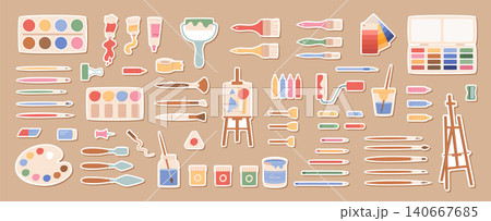Flat artist patch supplies kit with pastel color paint and brush shapes. Cute art sticker set and palette patch icons suit children class or creative workshop. Beige background supports colorful Flat artist patch supplies kit with pastel color paint and brush shapes. Cute art sticker set and palette patch icons suit children class or creative workshop. Beige background supports colorful 140667685