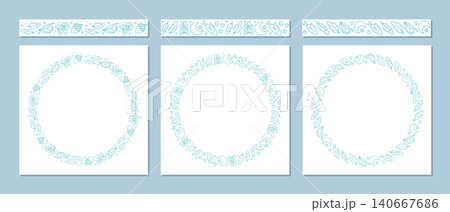 Doodle seamless circular border collection with leaf and tree outline pattern. Nature frame in outdoor camp line sketch style for creative art, green holiday pack, elements set and hand drawn summer 140667686