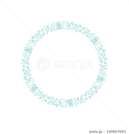 Round frame with tent, camping and outdoor icon in sketch style. Camping adventure as forest, nature and hiking doodle, contour symbol in blue, perfect for camp or travel theme background. Round frame with tent, camping and outdoor icon in sketch style. Camping adventure as forest, nature and hiking doodle, contour symbol in blue, perfect for camp or travel theme background. 140667693