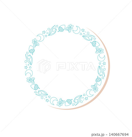 Hand drawn camp sticker in circle doodle with mountain and line graphic design. Nature and forest frame combines hiking adventure, blue color highlights outdoor atmosphere. Perfect for outdoor travel Hand drawn camp sticker in circle doodle with mountain and line graphic design. Nature and forest frame combines hiking adventure, blue color highlights outdoor atmosphere. Perfect for outdoor travel 140667694